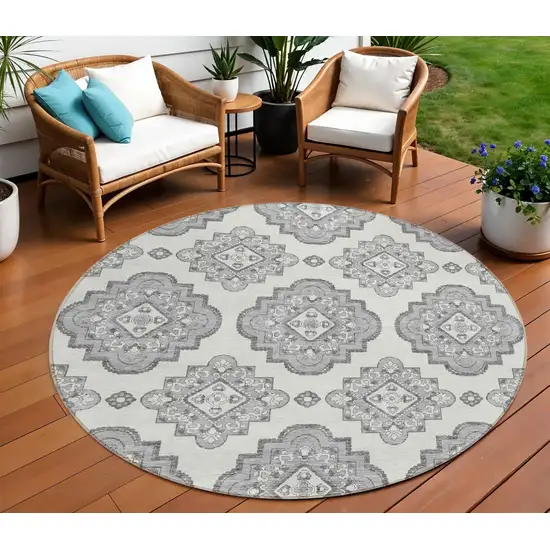 8' Gray And Ivory Round Medallion Washable Indoor Outdoor Area Rug Photo 1