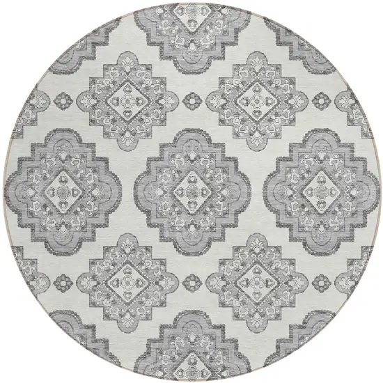 8' Gray And Ivory Round Medallion Washable Indoor Outdoor Area Rug Photo 2