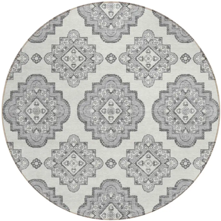 8' Gray And Ivory Round Medallion Washable Indoor Outdoor Area Rug Photo 2
