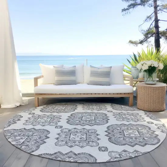8' Gray And Ivory Round Medallion Washable Indoor Outdoor Area Rug Photo 7