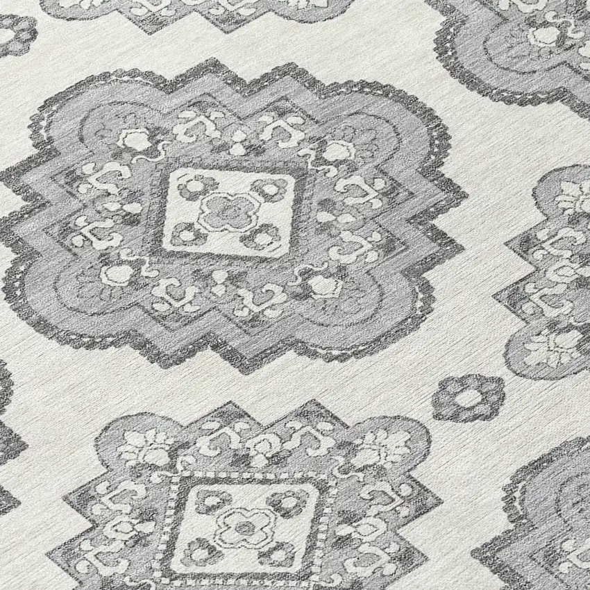 8' Gray And Ivory Round Medallion Washable Indoor Outdoor Area Rug Photo 9