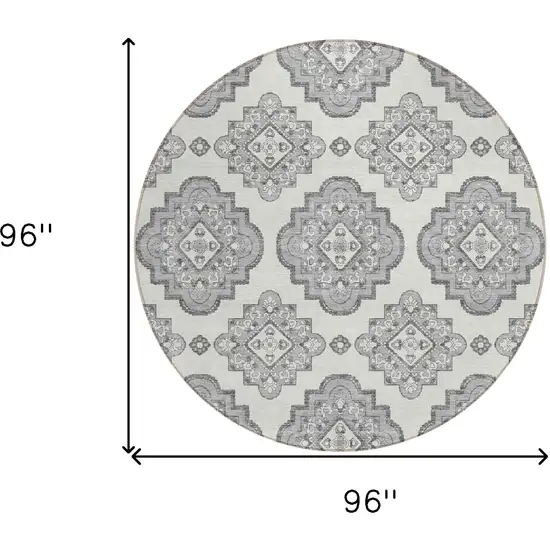 8' Gray And Ivory Round Medallion Washable Indoor Outdoor Area Rug Photo 3