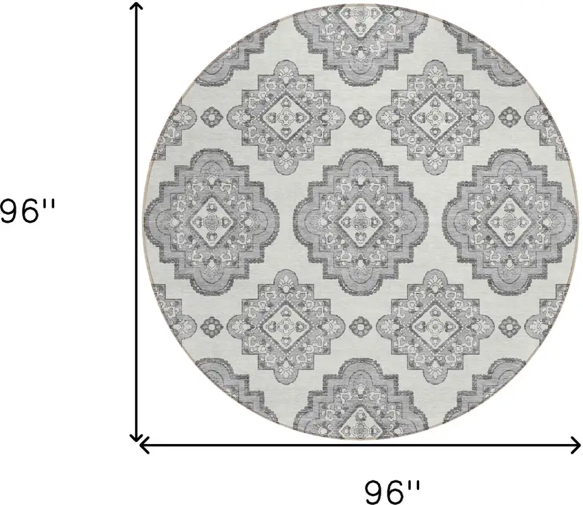 8' Gray And Ivory Round Medallion Washable Indoor Outdoor Area Rug Photo 3