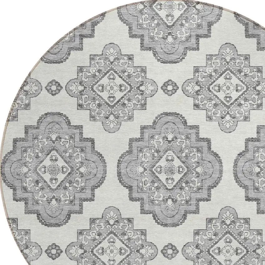 8' Gray And Ivory Round Medallion Washable Indoor Outdoor Area Rug Photo 5