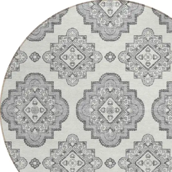 8' Gray And Ivory Round Medallion Washable Indoor Outdoor Area Rug Photo 5