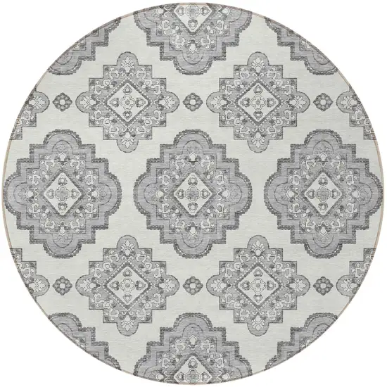 8' Gray And Ivory Round Medallion Washable Indoor Outdoor Area Rug Photo 6