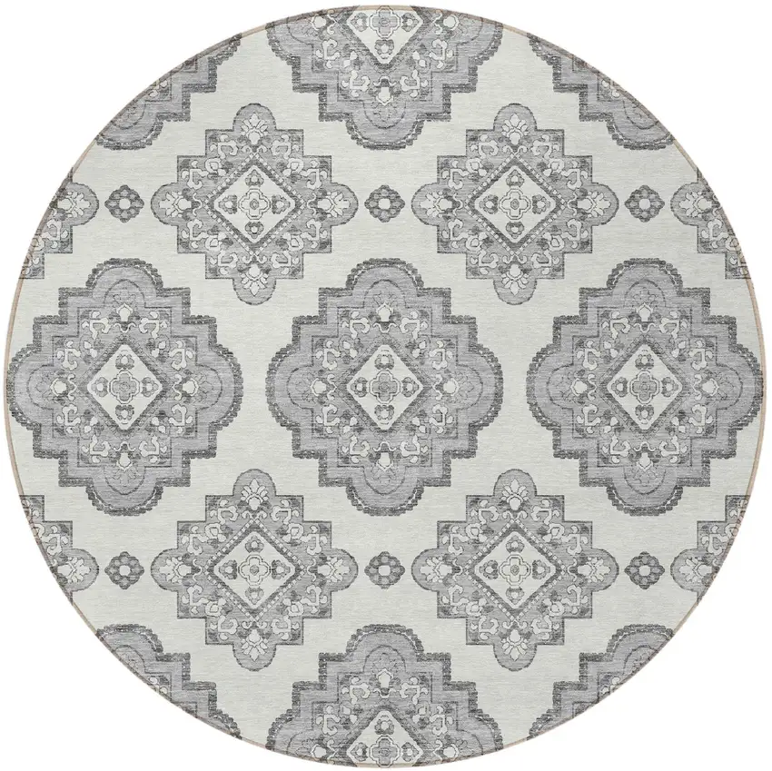 8' Gray And Ivory Round Medallion Washable Indoor Outdoor Area Rug Photo 6