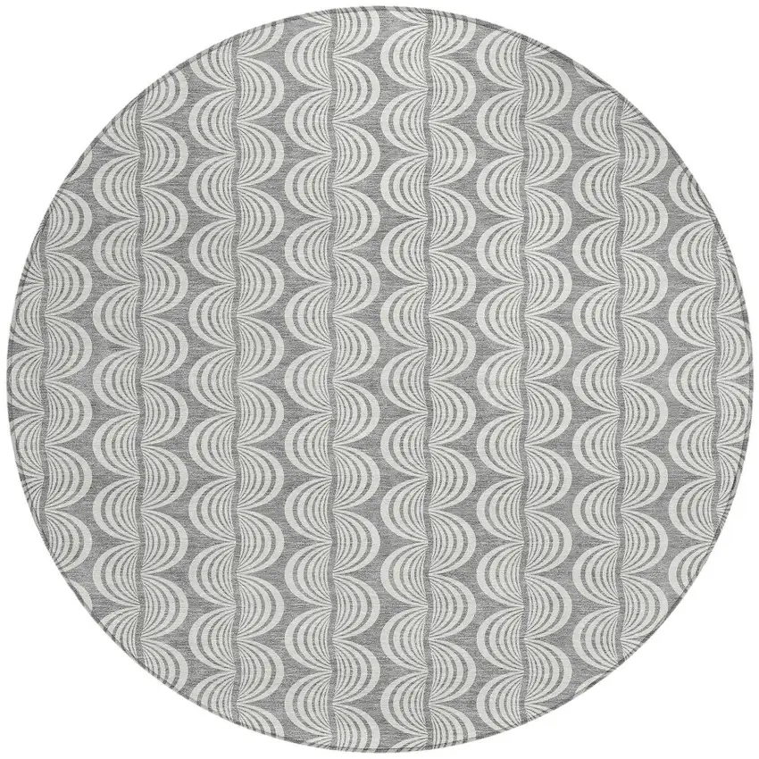8' Gray And Ivory Round Ogee Washable Indoor Outdoor Area Rug Photo 6