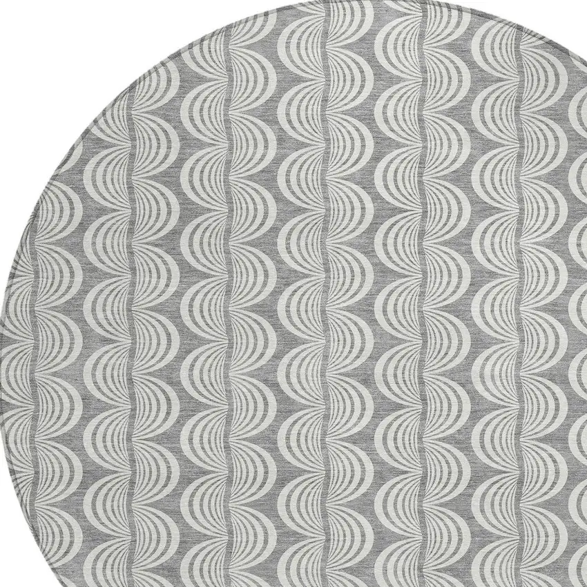 8' Gray And Ivory Round Ogee Washable Indoor Outdoor Area Rug Photo 5