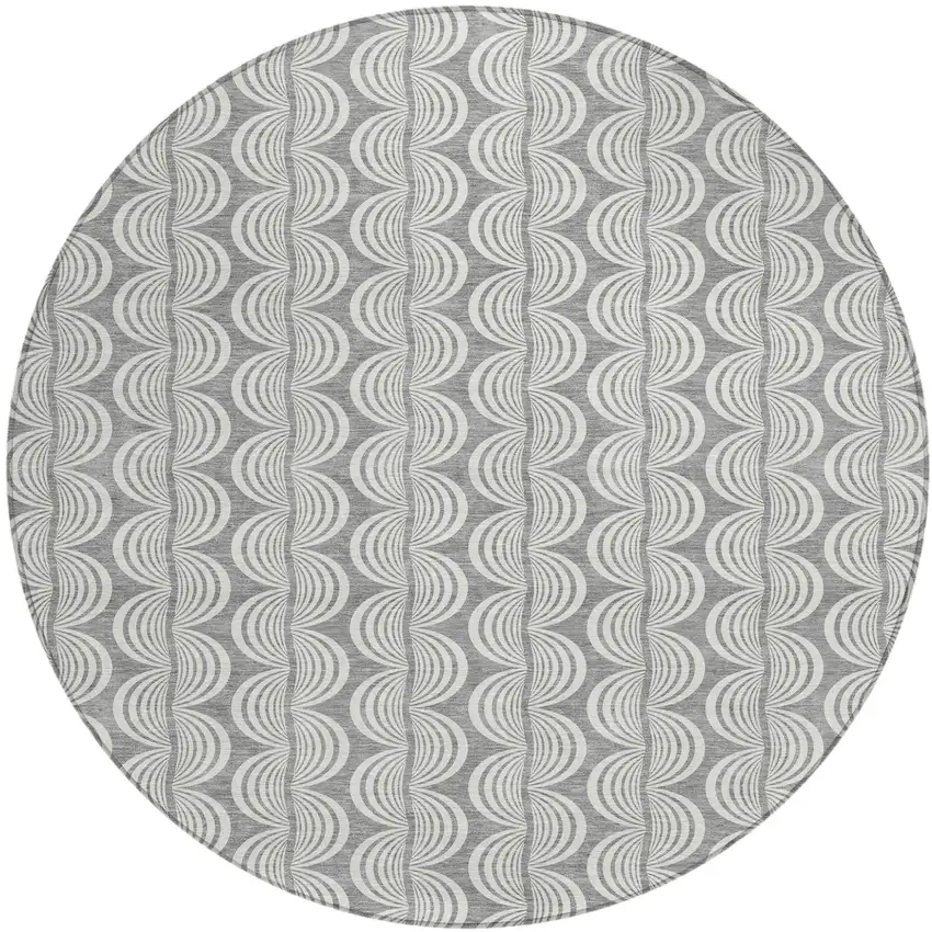 8' Gray And Ivory Round Ogee Washable Indoor Outdoor Area Rug Photo 2
