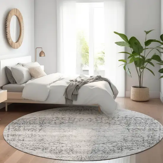 8' Gray And Ivory Round Oriental Washable Indoor Outdoor Area Rug Photo 8