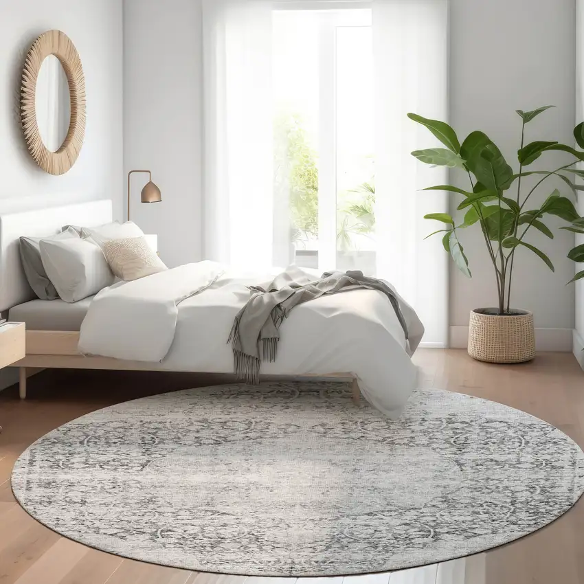 8' Gray And Ivory Round Oriental Washable Indoor Outdoor Area Rug Photo 8