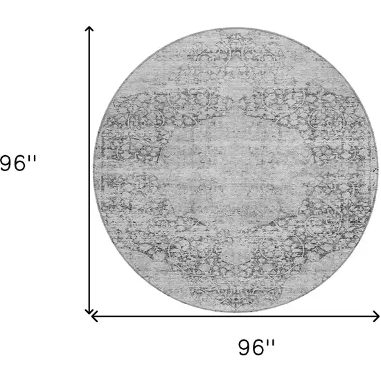 8' Gray And Ivory Round Oriental Washable Indoor Outdoor Area Rug Photo 9