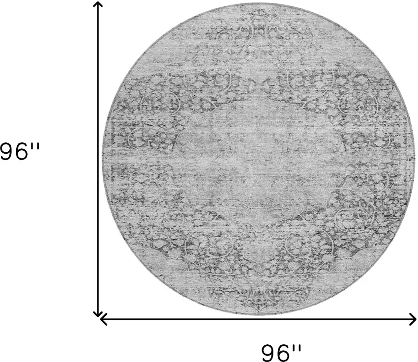 8' Gray And Ivory Round Oriental Washable Indoor Outdoor Area Rug Photo 9