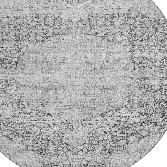 8' Gray And Ivory Round Oriental Washable Indoor Outdoor Area Rug Photo 5