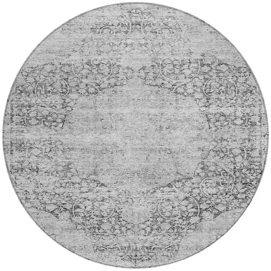 8' Gray And Ivory Round Oriental Washable Indoor Outdoor Area Rug Photo 6