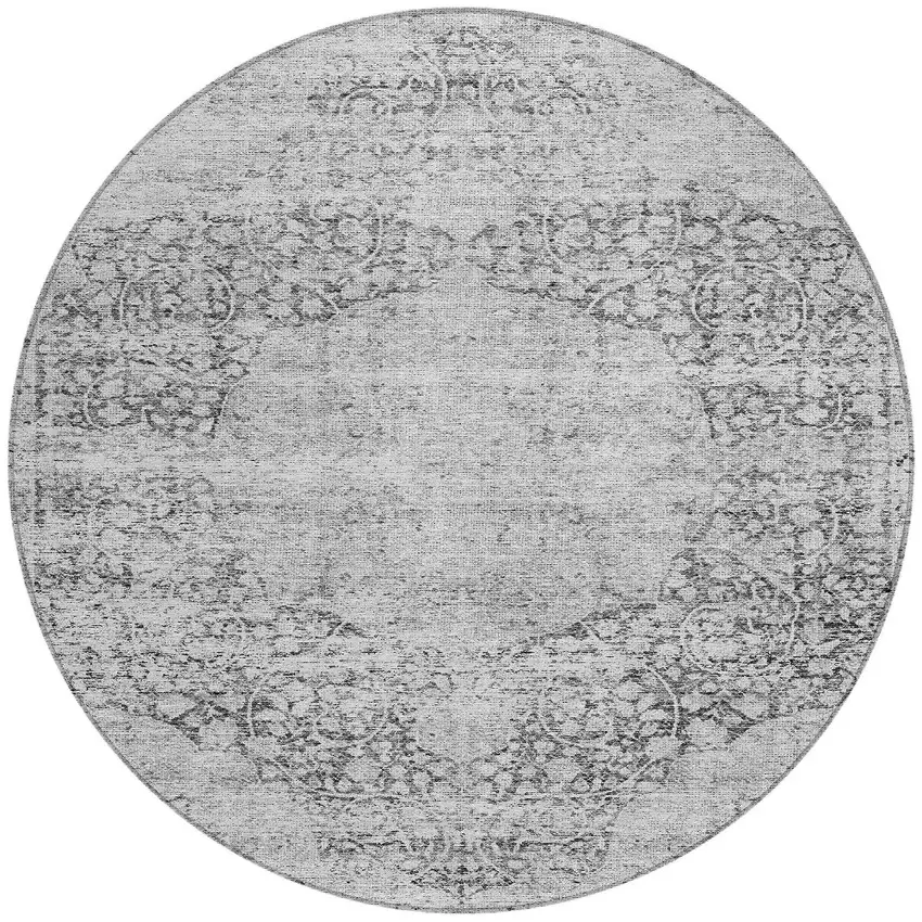 8' Gray And Ivory Round Oriental Washable Indoor Outdoor Area Rug Photo 6