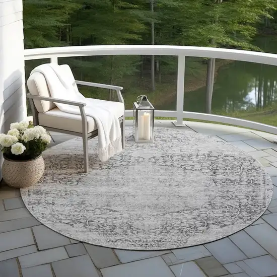 8' Gray And Ivory Round Oriental Washable Indoor Outdoor Area Rug Photo 7