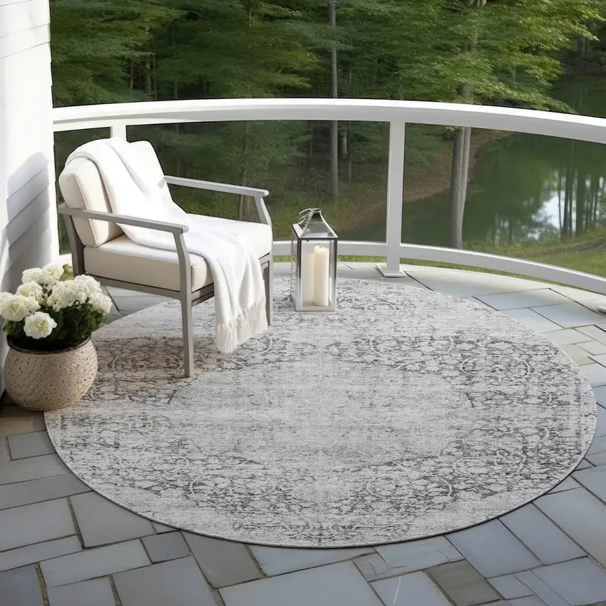 8' Gray And Ivory Round Oriental Washable Indoor Outdoor Area Rug Photo 7
