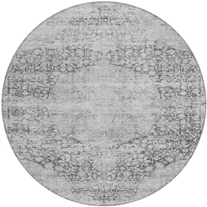 Photo of 8' Gray And Ivory Round Oriental Washable Indoor Outdoor Area Rug