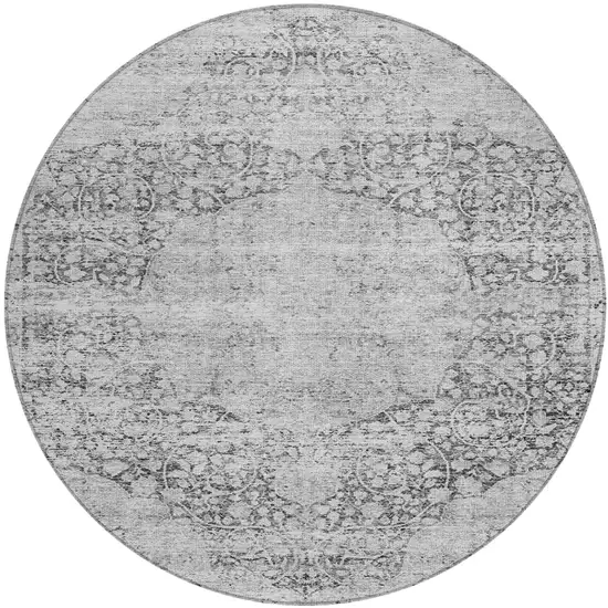8' Gray And Ivory Round Oriental Washable Indoor Outdoor Area Rug Photo 2