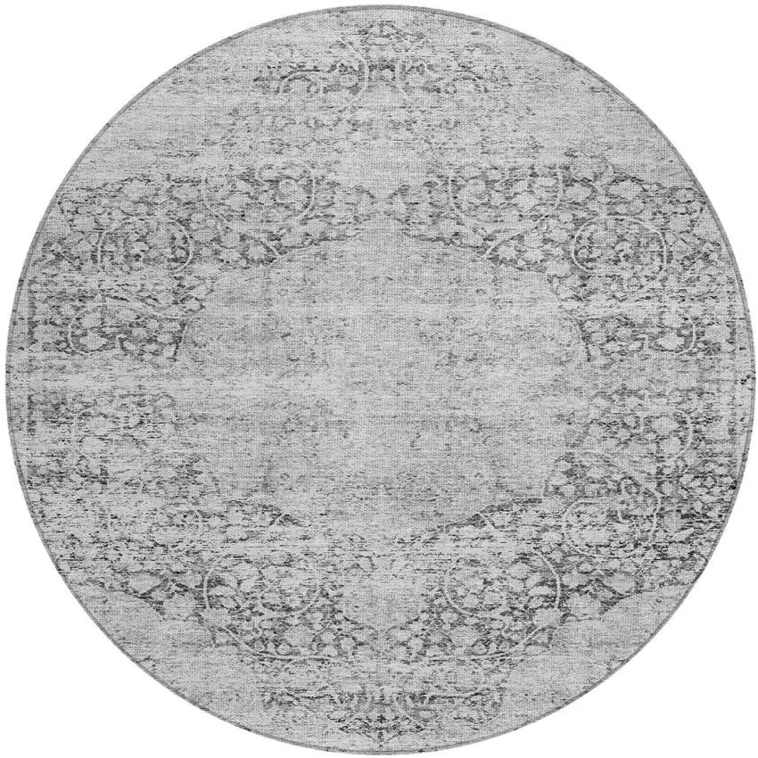 8' Gray And Ivory Round Oriental Washable Indoor Outdoor Area Rug Photo 2