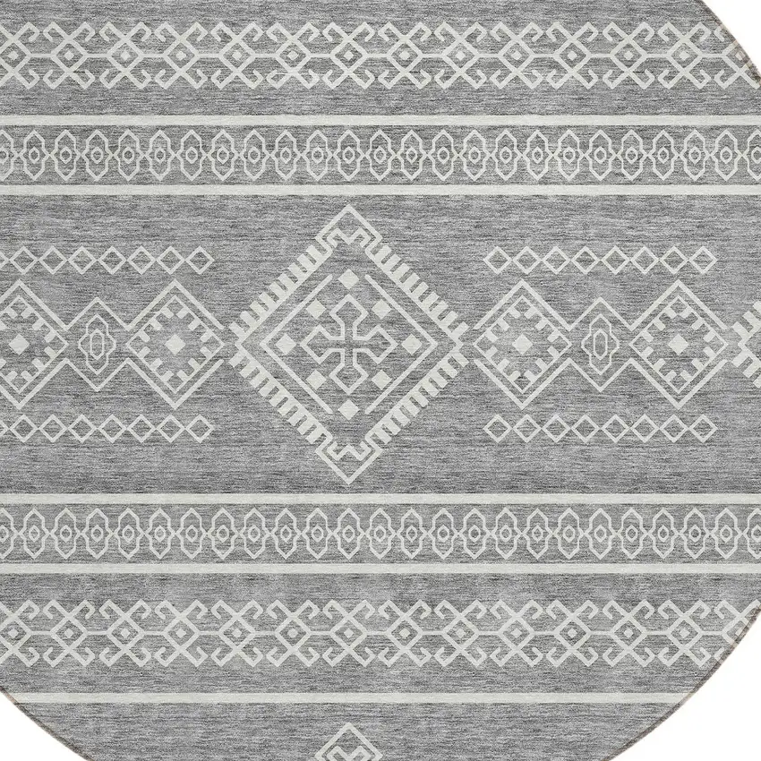 8' Gray And Ivory Round Southwestern Washable Indoor Outdoor Area Rug Photo 4
