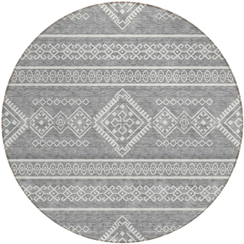 8' Gray And Ivory Round Southwestern Washable Indoor Outdoor Area Rug Photo 2