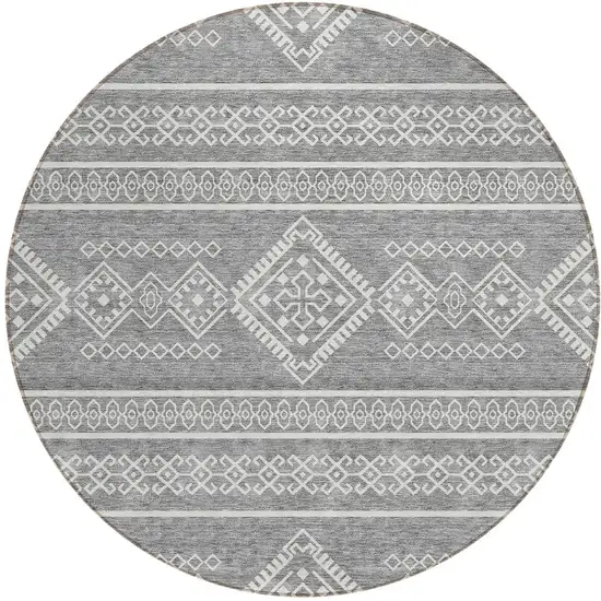 8' Gray And Ivory Round Southwestern Washable Indoor Outdoor Area Rug Photo 6