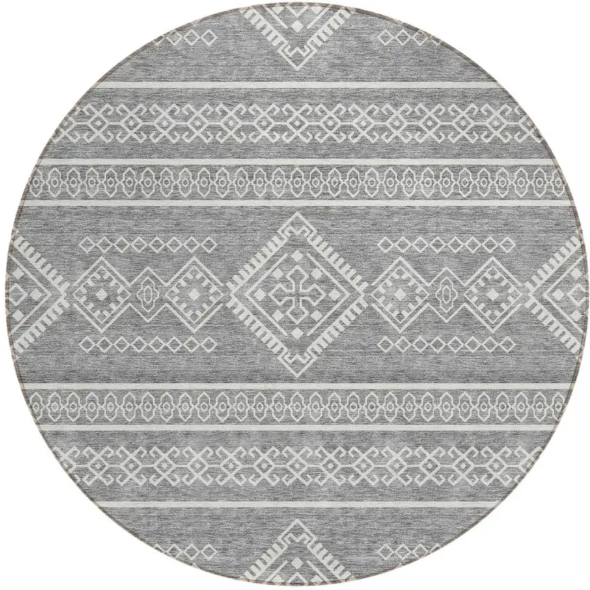 8' Gray And Ivory Round Southwestern Washable Indoor Outdoor Area Rug Photo 6