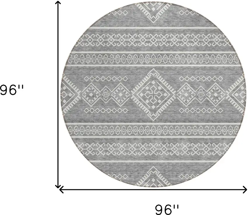 8' Gray And Ivory Round Southwestern Washable Indoor Outdoor Area Rug Photo 3