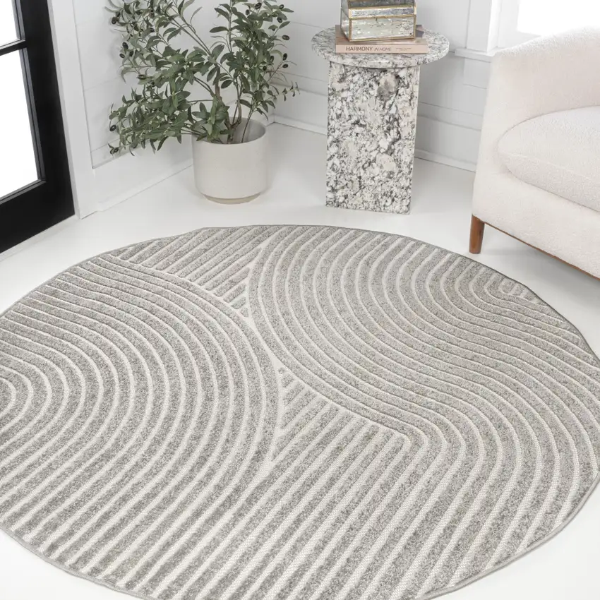 5' Gray And Ivory Round Striped Indoor Outdoor Area Rug Photo 4