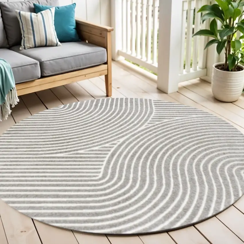 6' Gray And Ivory Round Striped Indoor Outdoor Area Rug Photo 1