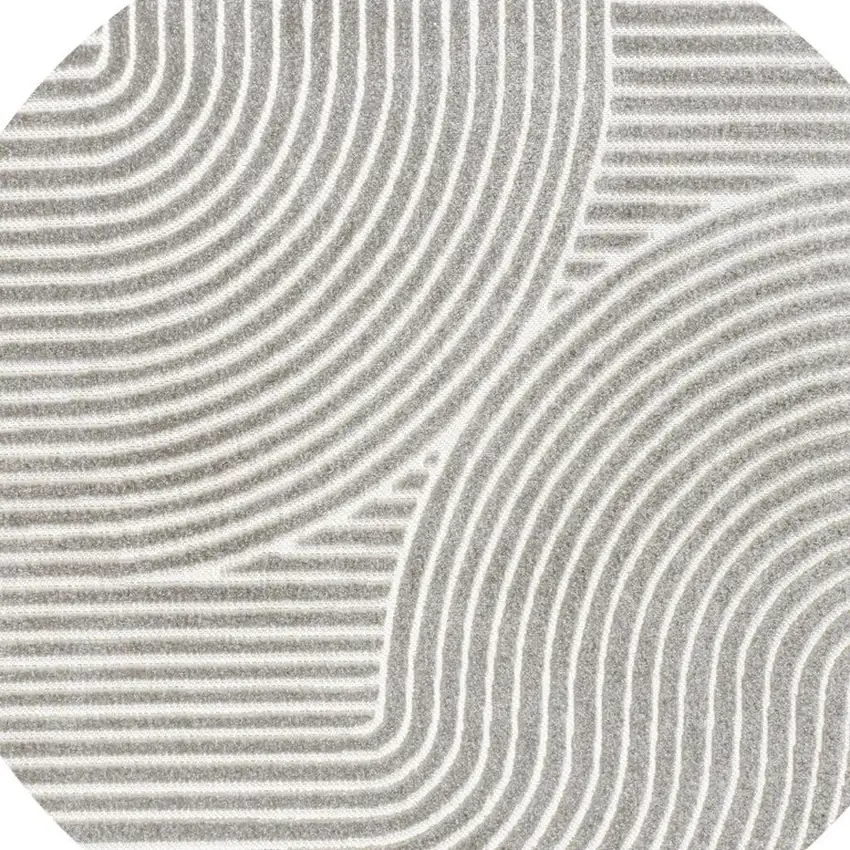 7' Gray And Ivory Round Striped Indoor Outdoor Area Rug Photo 2
