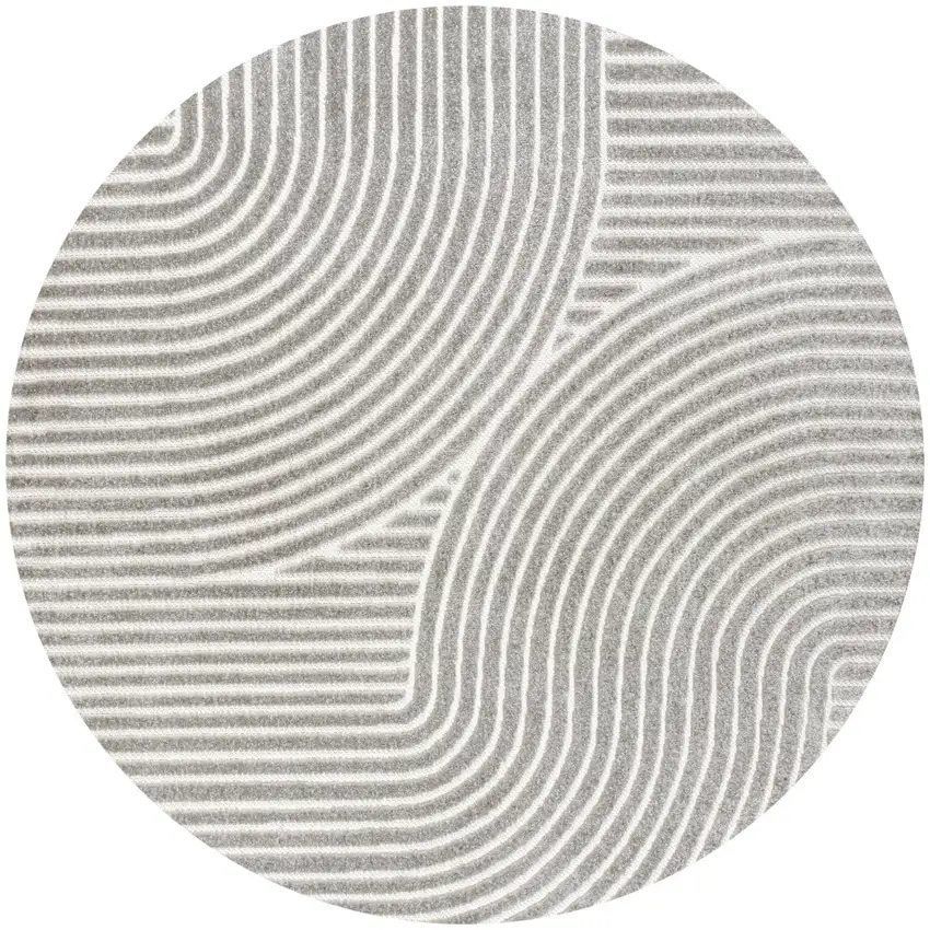 8' Gray And Ivory Round Striped Indoor Outdoor Area Rug Photo 1