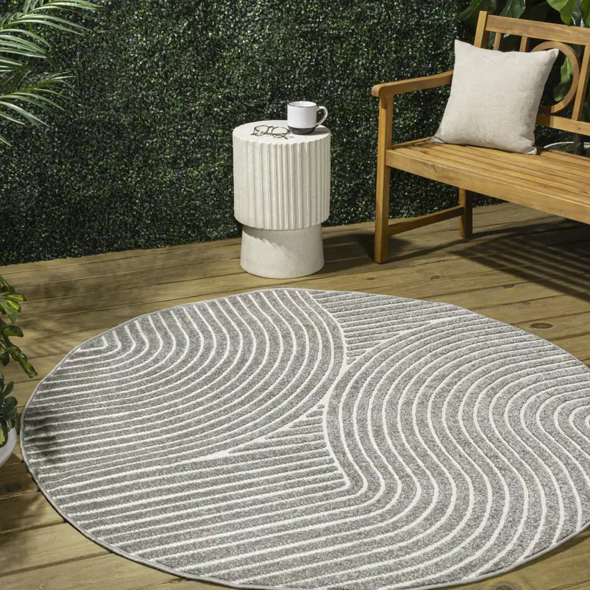 9' Gray And Ivory Round Striped Indoor Outdoor Area Rug Photo 5