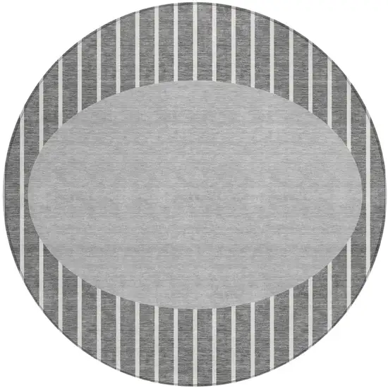 8' Gray And Ivory Round Striped Washable Indoor Outdoor Area Rug Photo 2