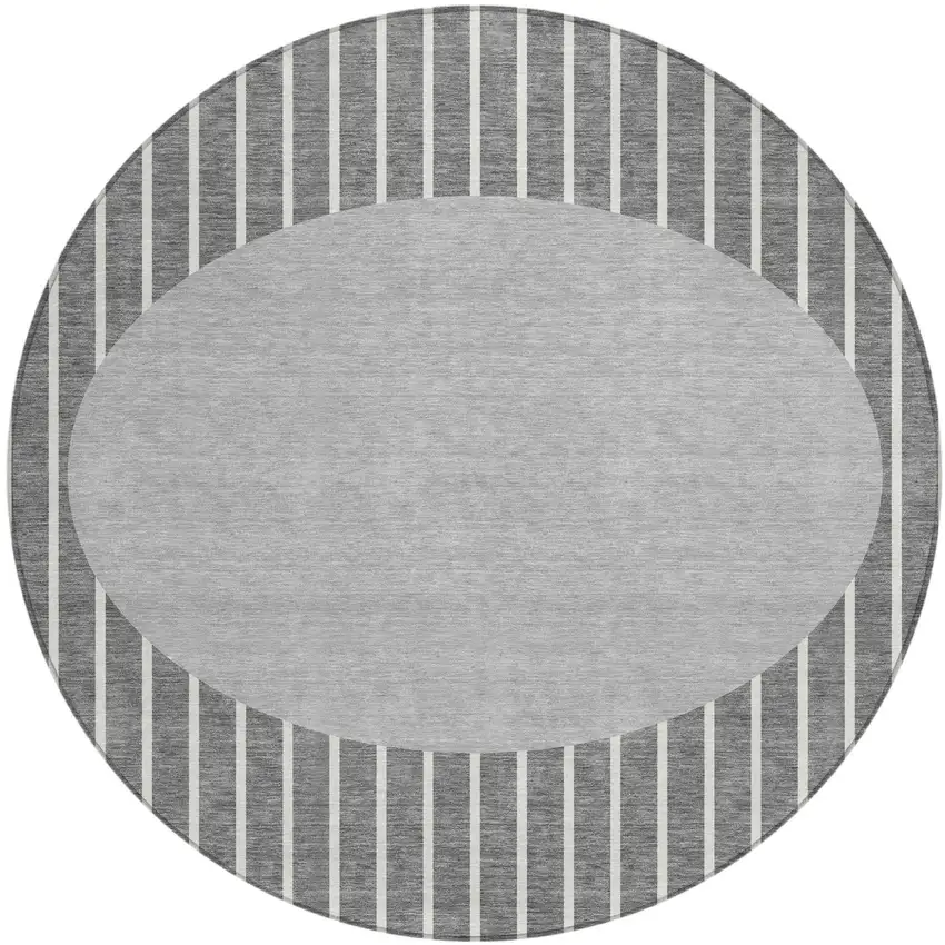 8' Gray And Ivory Round Striped Washable Indoor Outdoor Area Rug Photo 2