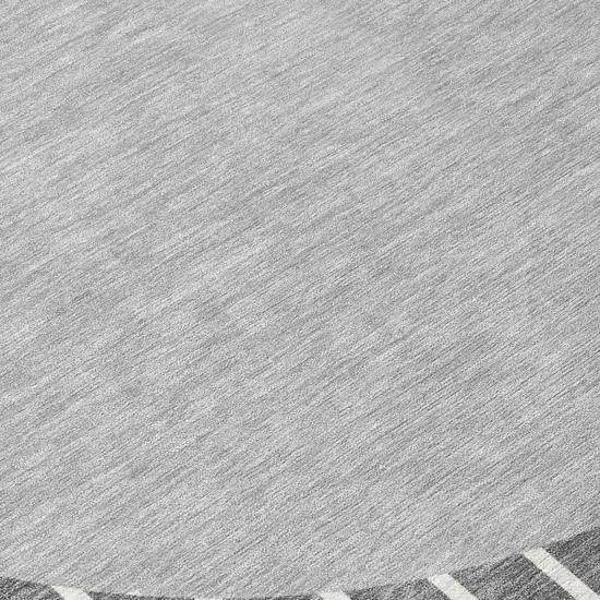 8' Gray And Ivory Round Striped Washable Indoor Outdoor Area Rug Photo 8