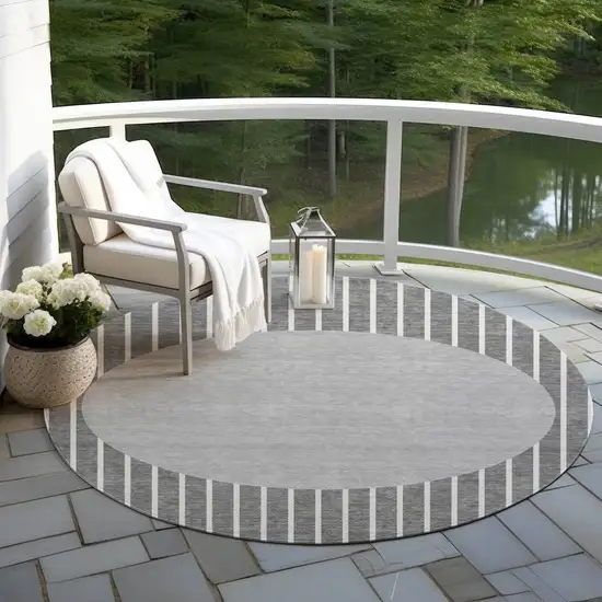 8' Gray And Ivory Round Striped Washable Indoor Outdoor Area Rug Photo 6