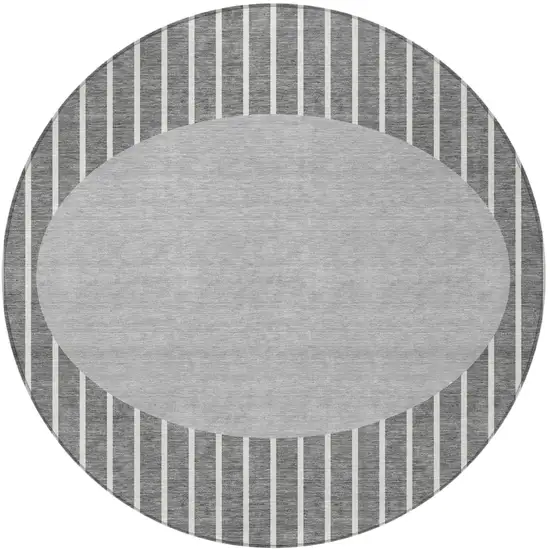 8' Gray And Ivory Round Striped Washable Indoor Outdoor Area Rug Photo 5