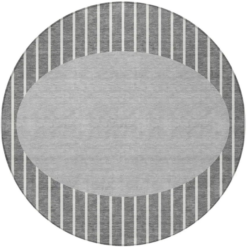 8' Gray And Ivory Round Striped Washable Indoor Outdoor Area Rug Photo 5