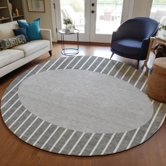 8' Gray And Ivory Round Striped Washable Indoor Outdoor Area Rug Photo 7