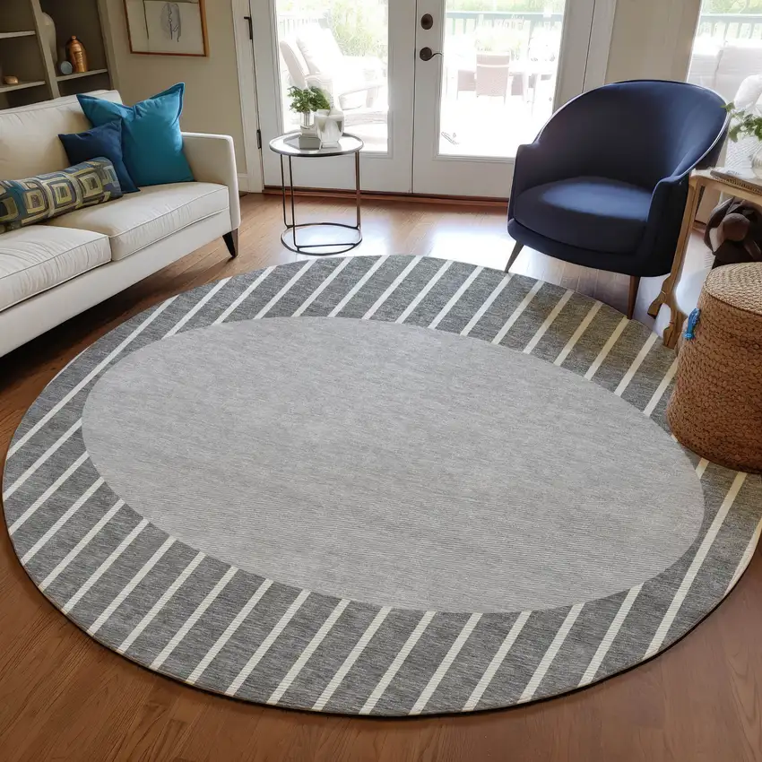 8' Gray And Ivory Round Striped Washable Indoor Outdoor Area Rug Photo 7