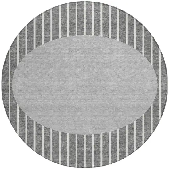 8' Gray And Ivory Round Striped Washable Indoor Outdoor Area Rug Photo 4