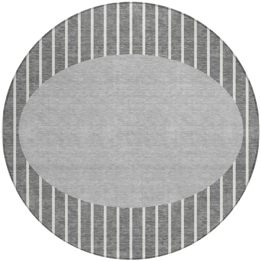 8' Gray And Ivory Round Striped Washable Indoor Outdoor Area Rug Photo 4