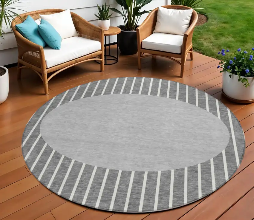8' Gray And Ivory Round Striped Washable Indoor Outdoor Area Rug Photo 1