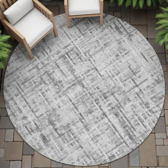 8' Gray And Ivory Round Striped Washable Indoor Outdoor Area Rug Photo 5