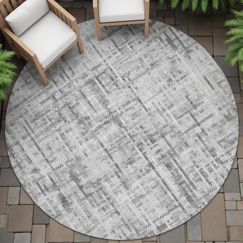 8' Gray And Ivory Round Striped Washable Indoor Outdoor Area Rug Photo 5