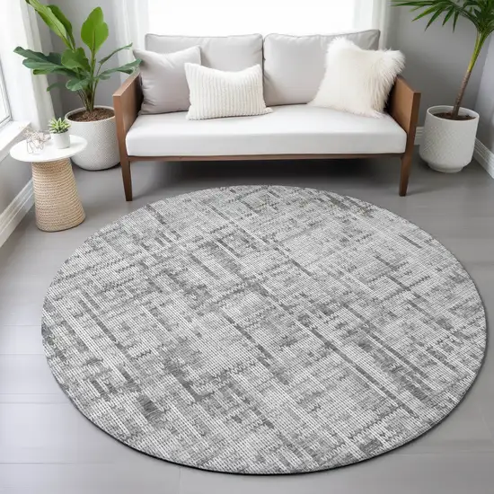 8' Gray And Ivory Round Striped Washable Indoor Outdoor Area Rug Photo 6